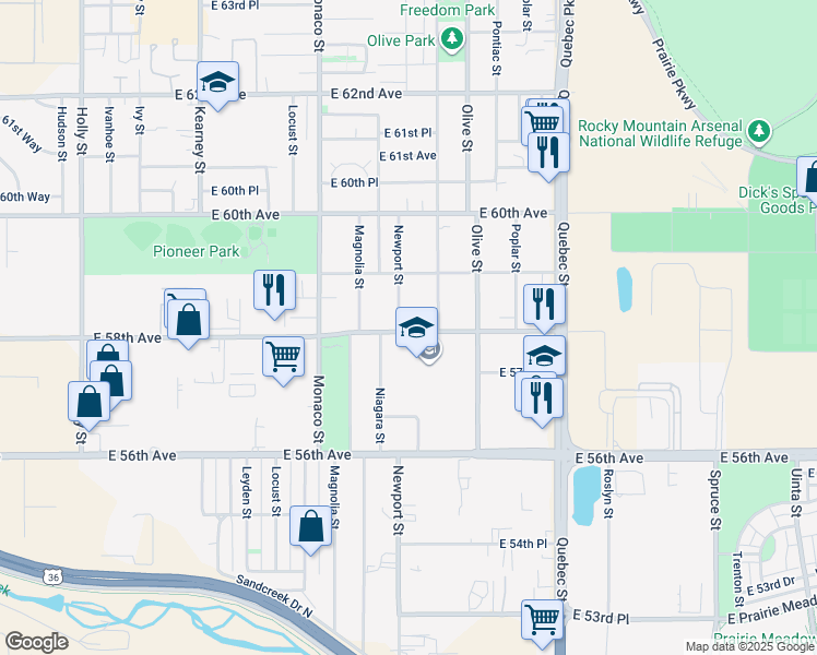 map of restaurants, bars, coffee shops, grocery stores, and more near 5817 Newport Street in Commerce City