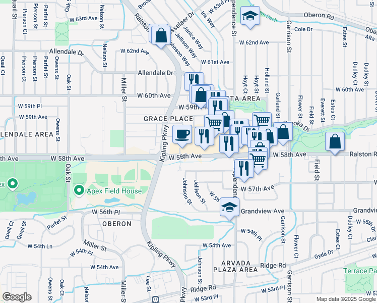 map of restaurants, bars, coffee shops, grocery stores, and more near in Arvada