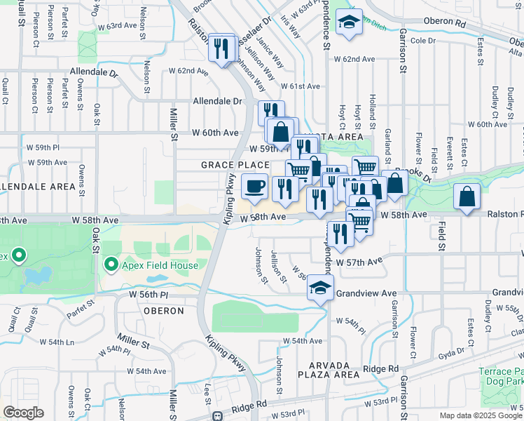 map of restaurants, bars, coffee shops, grocery stores, and more near in Arvada