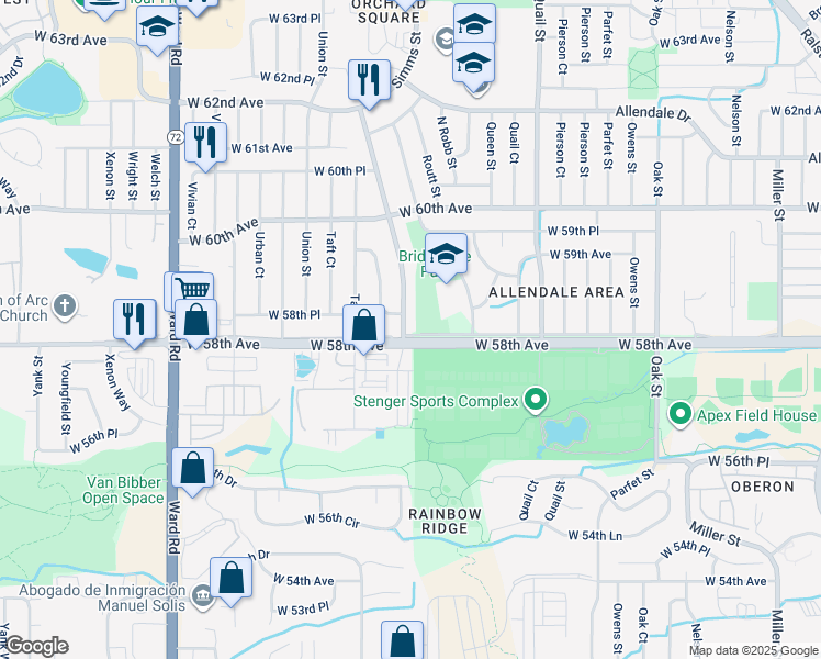 map of restaurants, bars, coffee shops, grocery stores, and more near 5815 Simms Street in Arvada