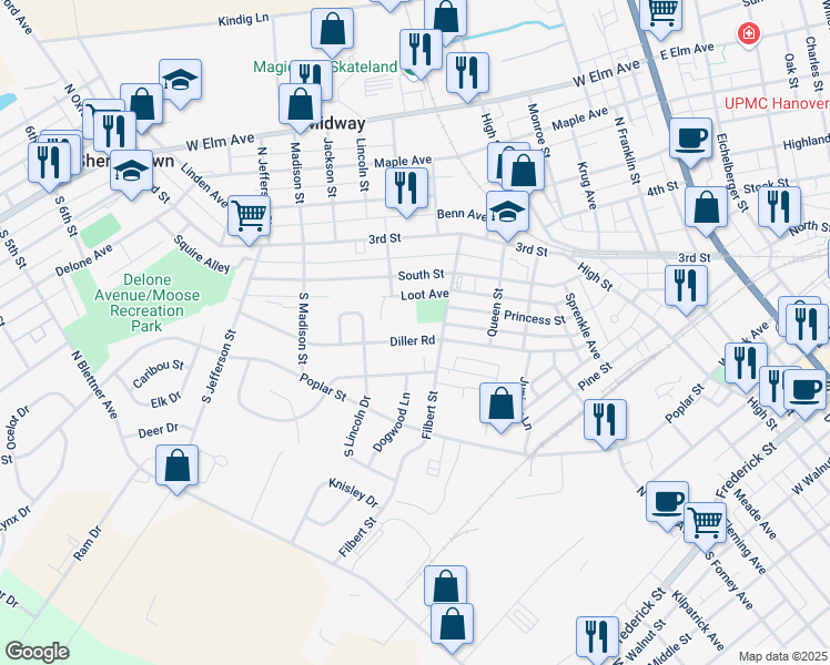 map of restaurants, bars, coffee shops, grocery stores, and more near 309 Diller Road in Hanover