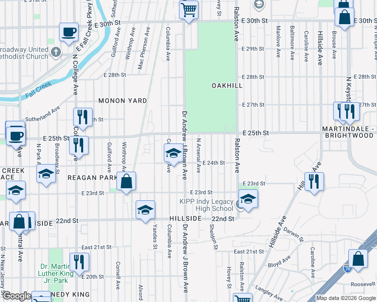 map of restaurants, bars, coffee shops, grocery stores, and more near 2438 North Arsenal Avenue in Indianapolis