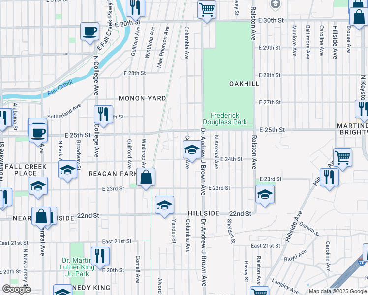 map of restaurants, bars, coffee shops, grocery stores, and more near 2438 Columbia Avenue in Indianapolis