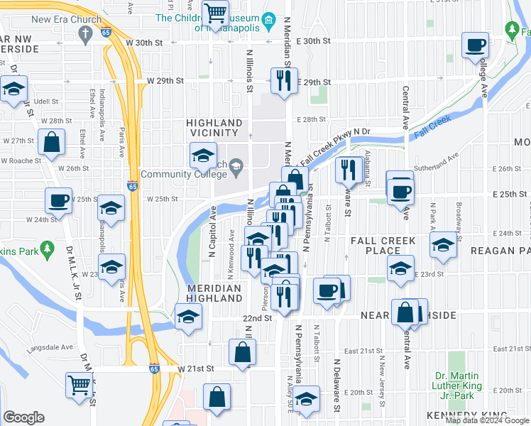 map of restaurants, bars, coffee shops, grocery stores, and more near 45 East Fall Creek Parkway North Drive in Indianapolis