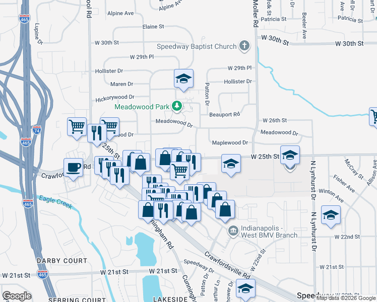 map of restaurants, bars, coffee shops, grocery stores, and more near 38 Maplewood Drive in Speedway