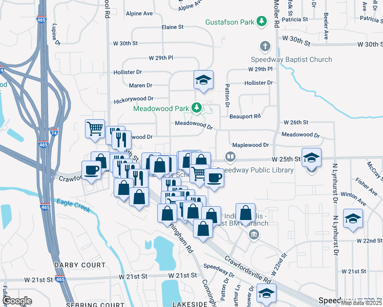 map of restaurants, bars, coffee shops, grocery stores, and more near 5835 Maplewood Drive in Indianapolis