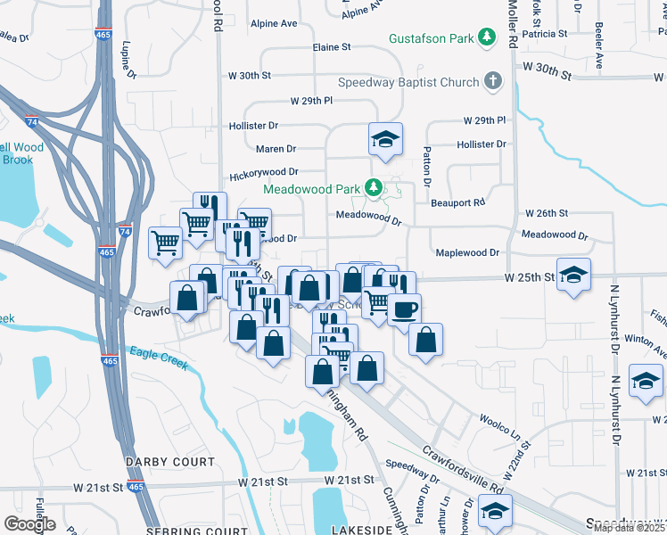map of restaurants, bars, coffee shops, grocery stores, and more near 2520 Parkwood Drive in Indianapolis