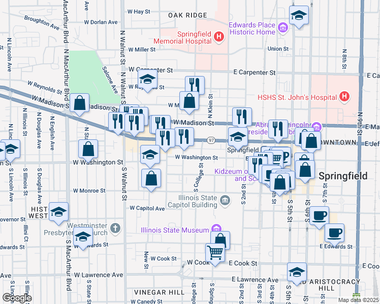 map of restaurants, bars, coffee shops, grocery stores, and more near in Springfield