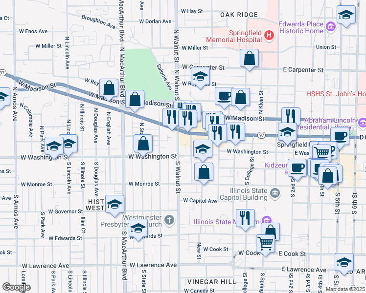 map of restaurants, bars, coffee shops, grocery stores, and more near 121 North Parker Avenue in Springfield
