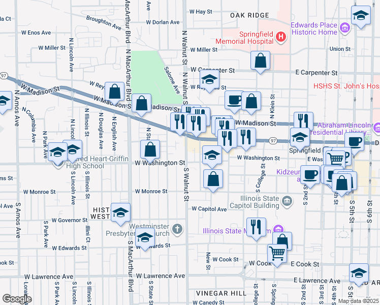 map of restaurants, bars, coffee shops, grocery stores, and more near 121 North Parker Avenue in Springfield