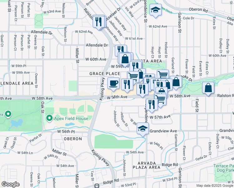 map of restaurants, bars, coffee shops, grocery stores, and more near 9895 West 58th Avenue in Arvada
