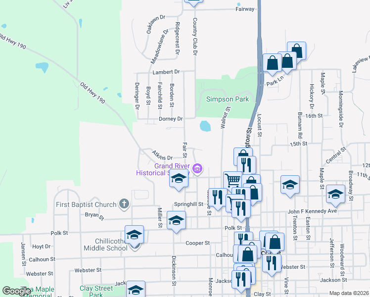 map of restaurants, bars, coffee shops, grocery stores, and more near 1544 Fair Street in Chillicothe