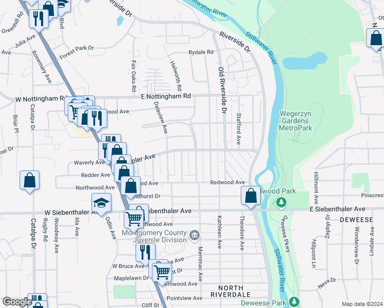 map of restaurants, bars, coffee shops, grocery stores, and more near 3863 Merrimac Avenue in Dayton