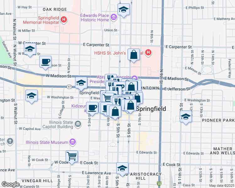 map of restaurants, bars, coffee shops, grocery stores, and more near 113 North 5th Street in Springfield