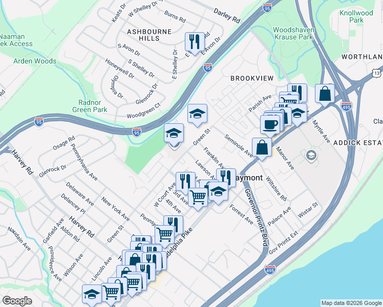 map of restaurants, bars, coffee shops, grocery stores, and more near 37A Franklin Avenue in Claymont