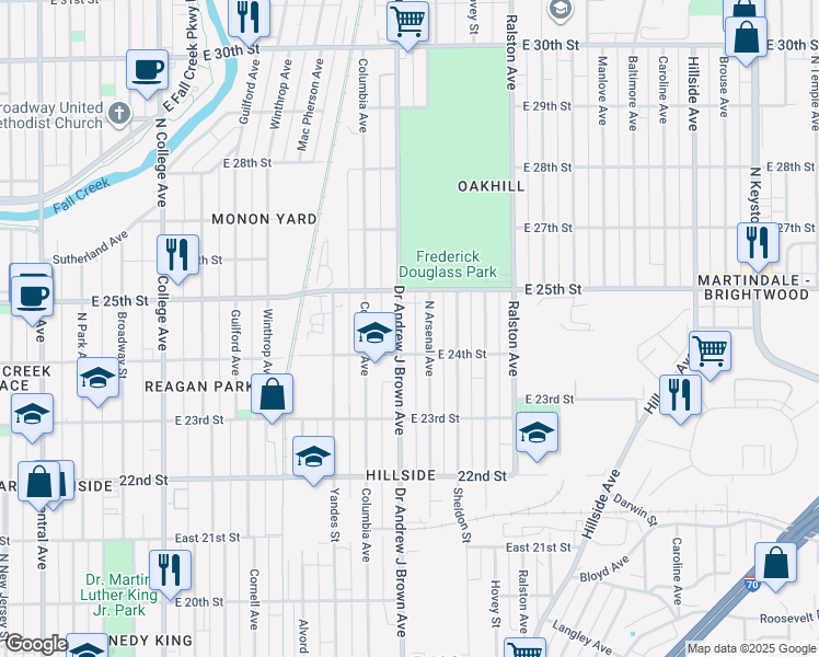 map of restaurants, bars, coffee shops, grocery stores, and more near 2438 North Arsenal Avenue in Indianapolis