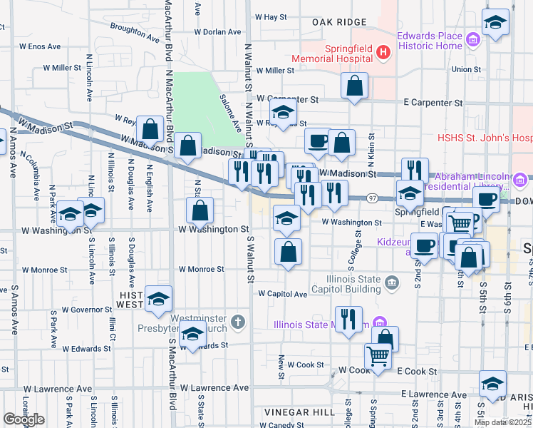 map of restaurants, bars, coffee shops, grocery stores, and more near 121 North Parker Avenue in Springfield