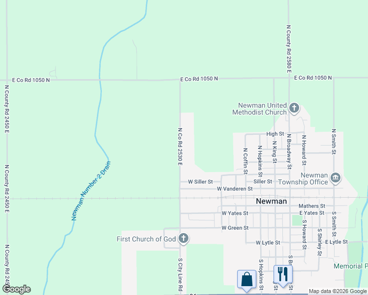 map of restaurants, bars, coffee shops, grocery stores, and more near 327 North Co Road 2530 East in Newman