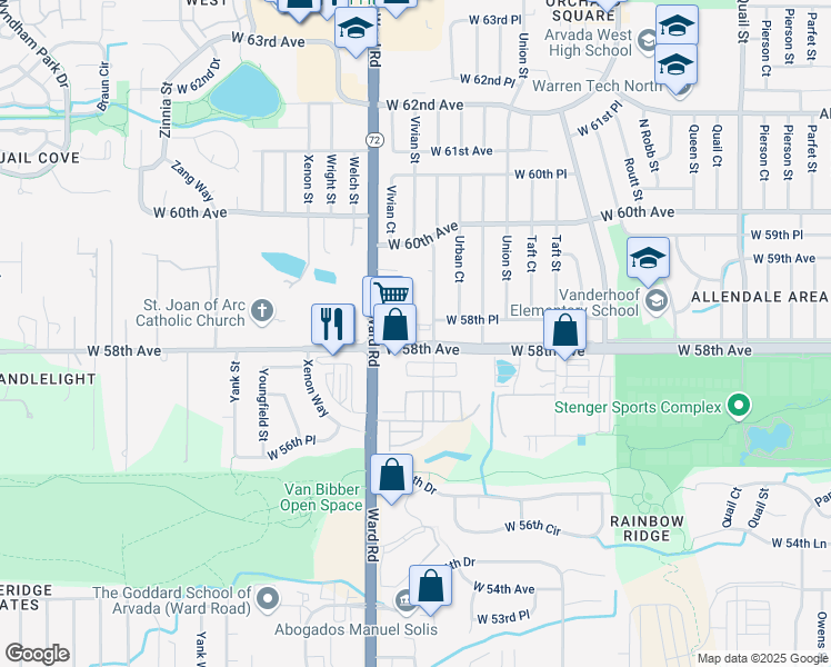 map of restaurants, bars, coffee shops, grocery stores, and more near 12205 West 58th Avenue in Arvada