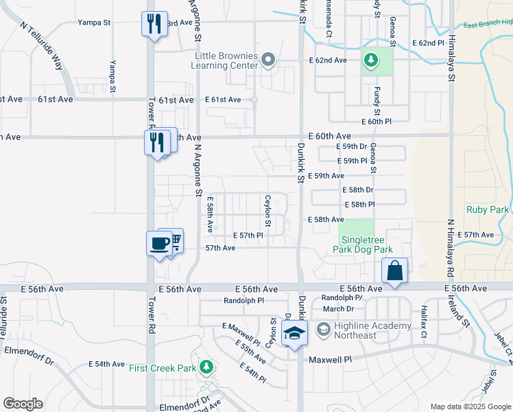 map of restaurants, bars, coffee shops, grocery stores, and more near 19079 East 58th Avenue in Denver
