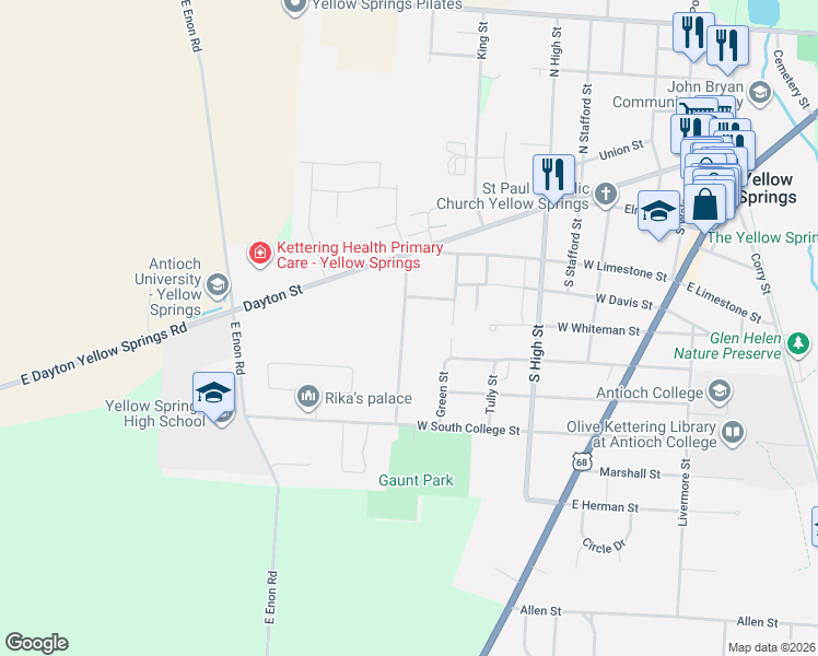 map of restaurants, bars, coffee shops, grocery stores, and more near 611 Wright Street in Yellow Springs