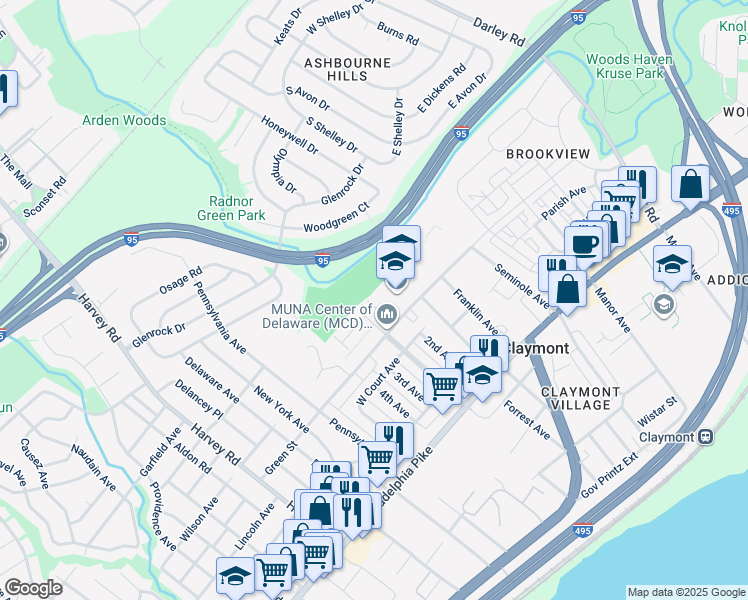 map of restaurants, bars, coffee shops, grocery stores, and more near 3051 East Greenshire Court in Claymont