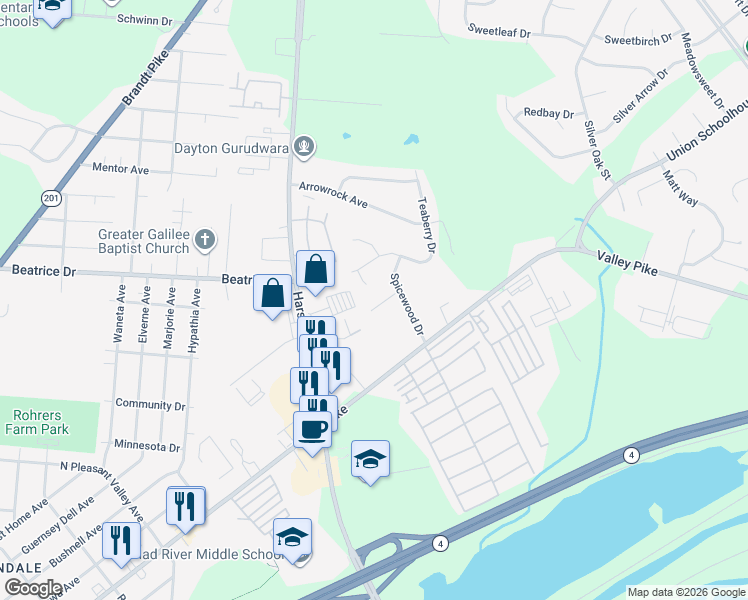 map of restaurants, bars, coffee shops, grocery stores, and more near 3601 Hillstone Place in Dayton