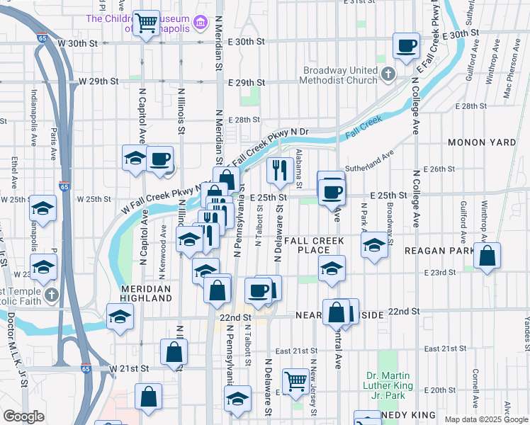 map of restaurants, bars, coffee shops, grocery stores, and more near 2447 North Talbott Street in Indianapolis