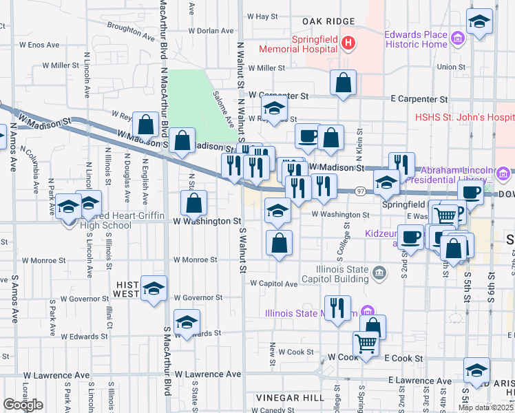 map of restaurants, bars, coffee shops, grocery stores, and more near 121 North Parker Avenue in Springfield