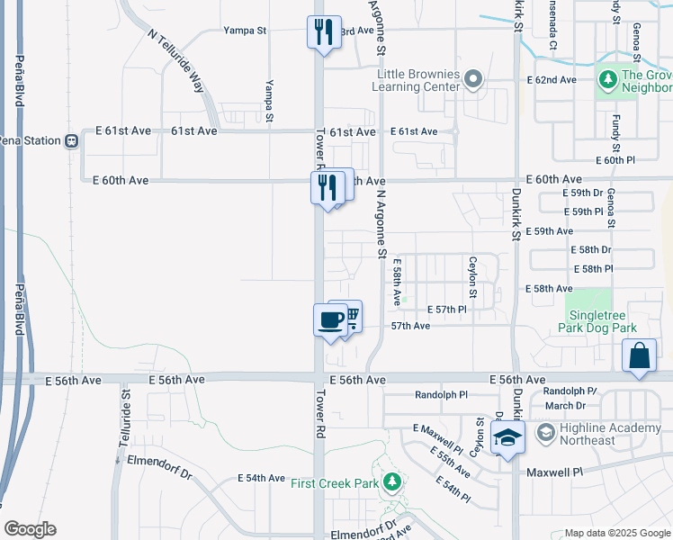 map of restaurants, bars, coffee shops, grocery stores, and more near 5800 Tower Road in Denver