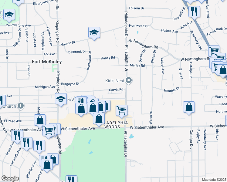 map of restaurants, bars, coffee shops, grocery stores, and more near 3090 Garvin Road in Dayton