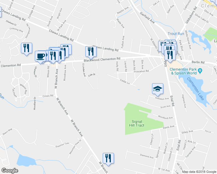 map of restaurants, bars, coffee shops, grocery stores, and more near 68 Cedar Lane in Clementon