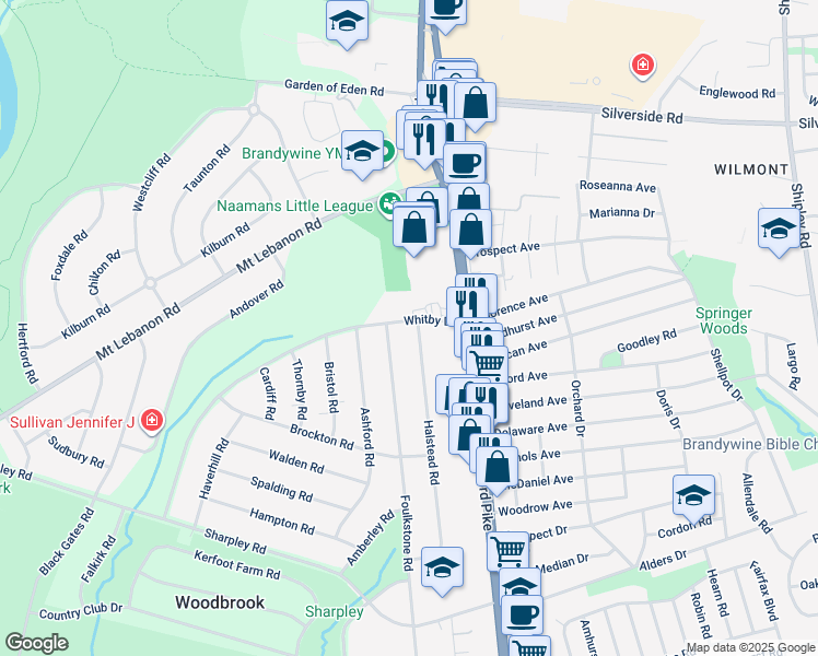 map of restaurants, bars, coffee shops, grocery stores, and more near 100 Whitby Drive in Wilmington