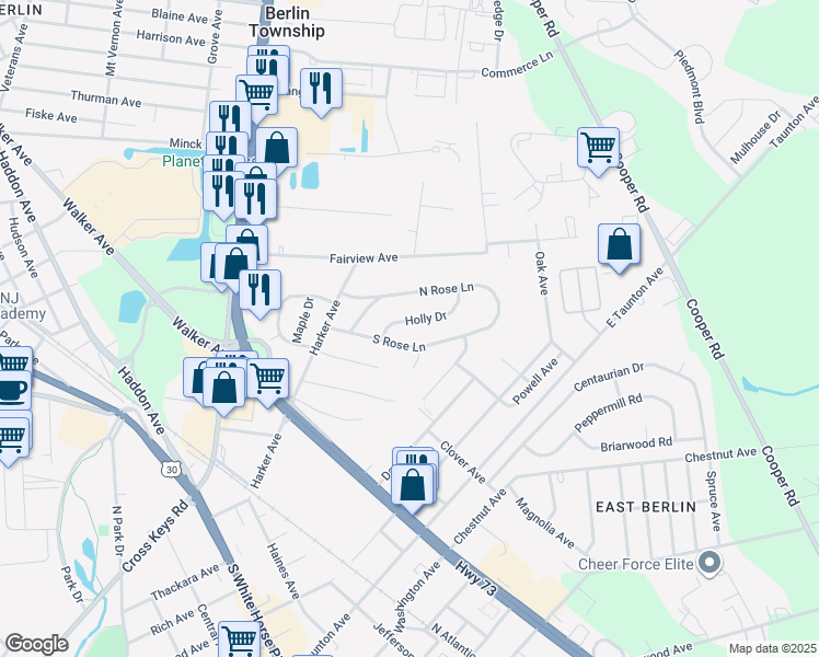 map of restaurants, bars, coffee shops, grocery stores, and more near 12 Holly Drive in Berlin Township