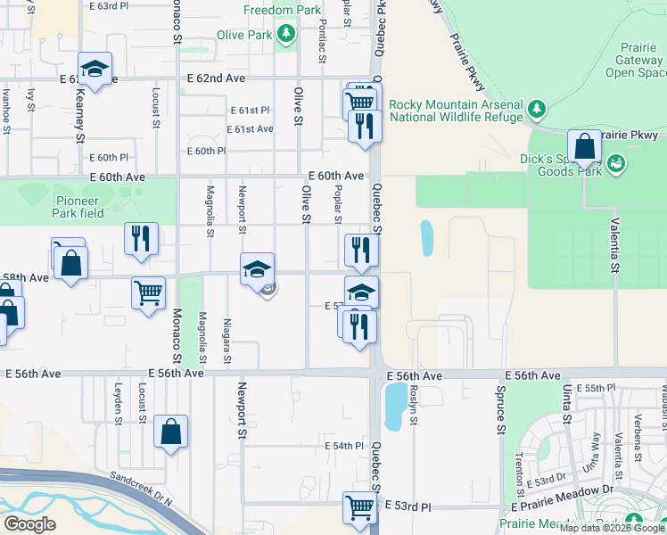 map of restaurants, bars, coffee shops, grocery stores, and more near 5805 Poplar Street in Commerce City