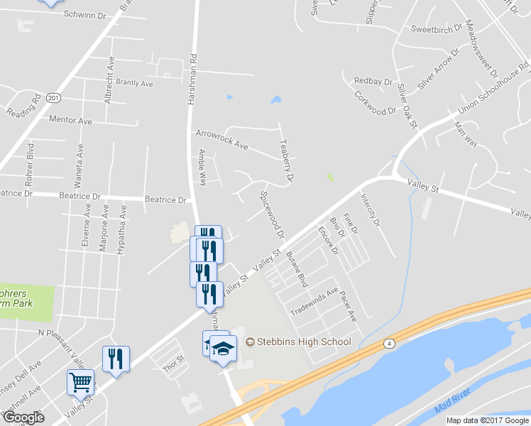 map of restaurants, bars, coffee shops, grocery stores, and more near 4470 Sweetgum Place in Dayton