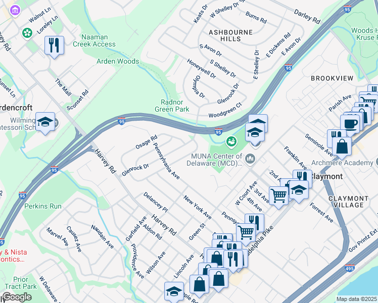 map of restaurants, bars, coffee shops, grocery stores, and more near 46 Miles Road in Claymont
