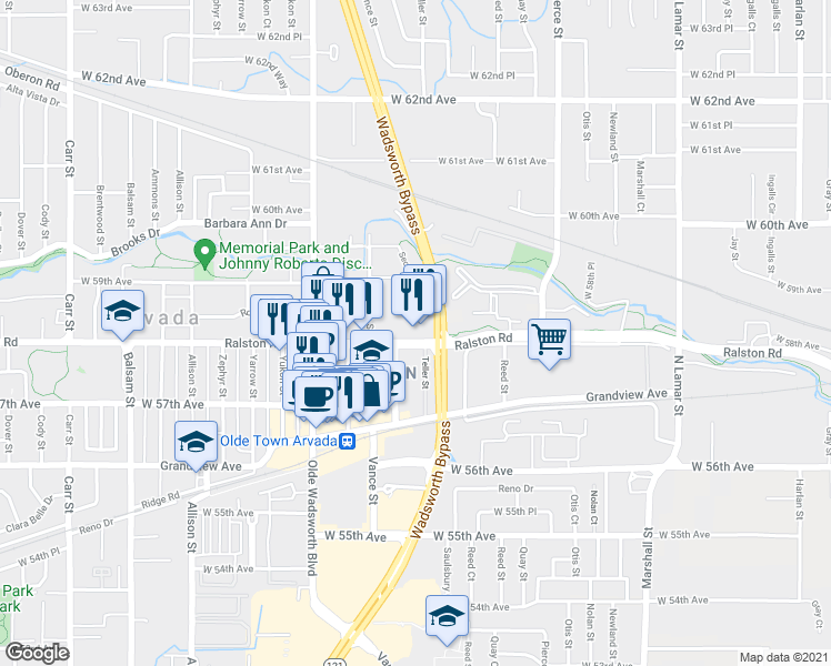 map of restaurants, bars, coffee shops, grocery stores, and more near 7355 Ralston Road in Arvada