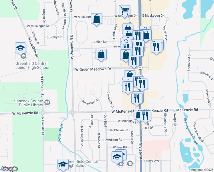 map of restaurants, bars, coffee shops, grocery stores, and more near 1416 Candlelite Drive in Greenfield