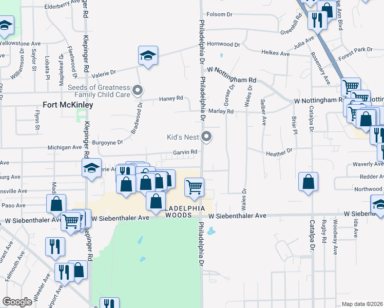 map of restaurants, bars, coffee shops, grocery stores, and more near 3040 Garvin Road in Dayton