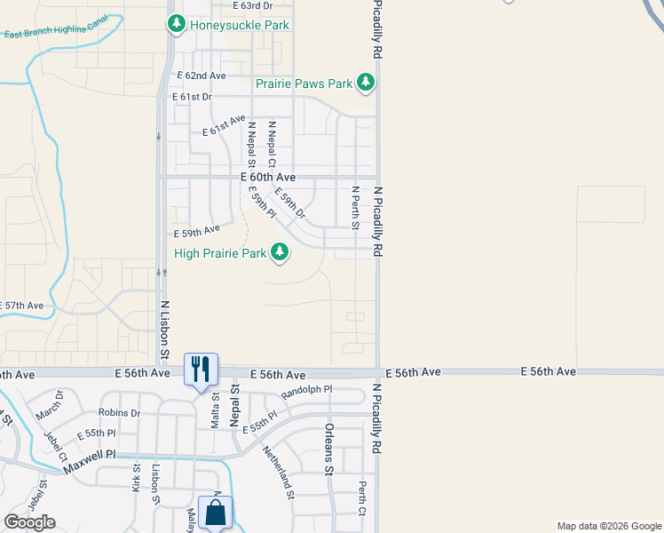 map of restaurants, bars, coffee shops, grocery stores, and more near 21566 East 59th Place in Aurora