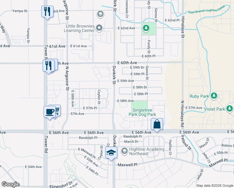 map of restaurants, bars, coffee shops, grocery stores, and more near 19209 East 58th Avenue in Denver