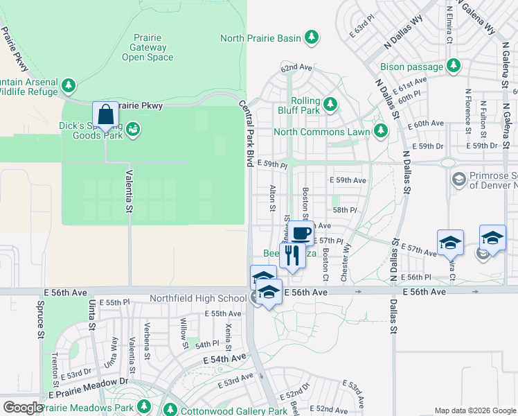 map of restaurants, bars, coffee shops, grocery stores, and more near 5852 Central Park Boulevard in Denver