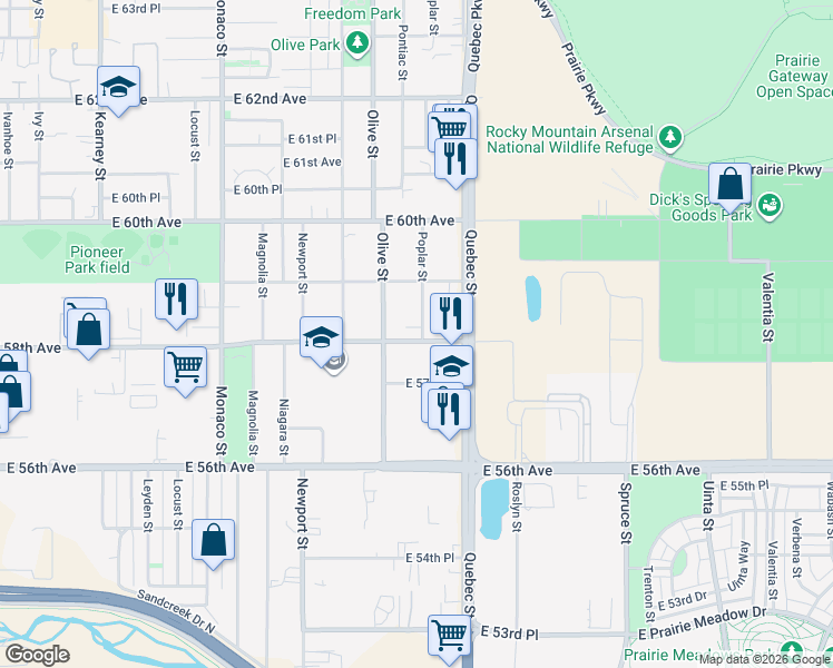 map of restaurants, bars, coffee shops, grocery stores, and more near 5805 Poplar Street in Commerce City