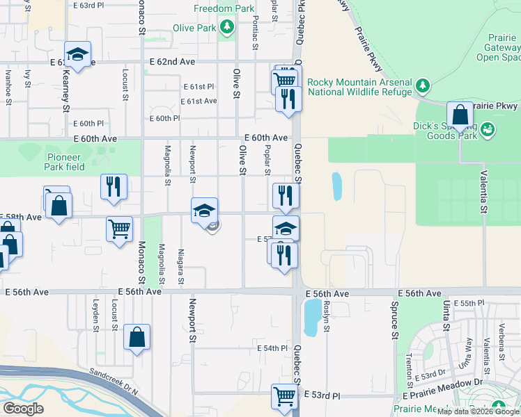 map of restaurants, bars, coffee shops, grocery stores, and more near 5805 Poplar Street in Commerce City