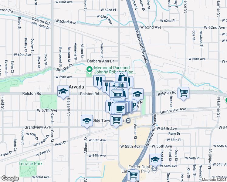 map of restaurants, bars, coffee shops, grocery stores, and more near 7610 Robinson Way in Arvada