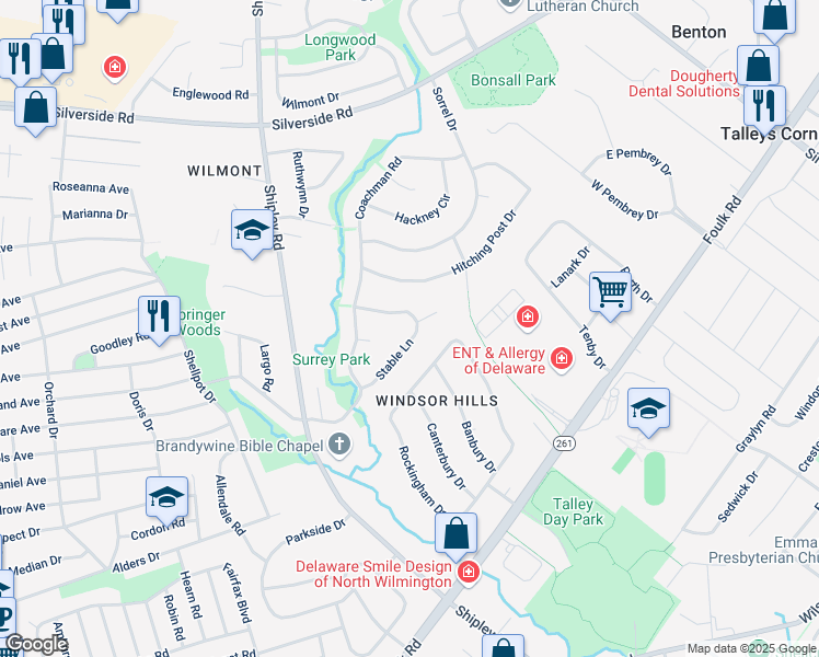 map of restaurants, bars, coffee shops, grocery stores, and more near 20 Stable Court in Wilmington