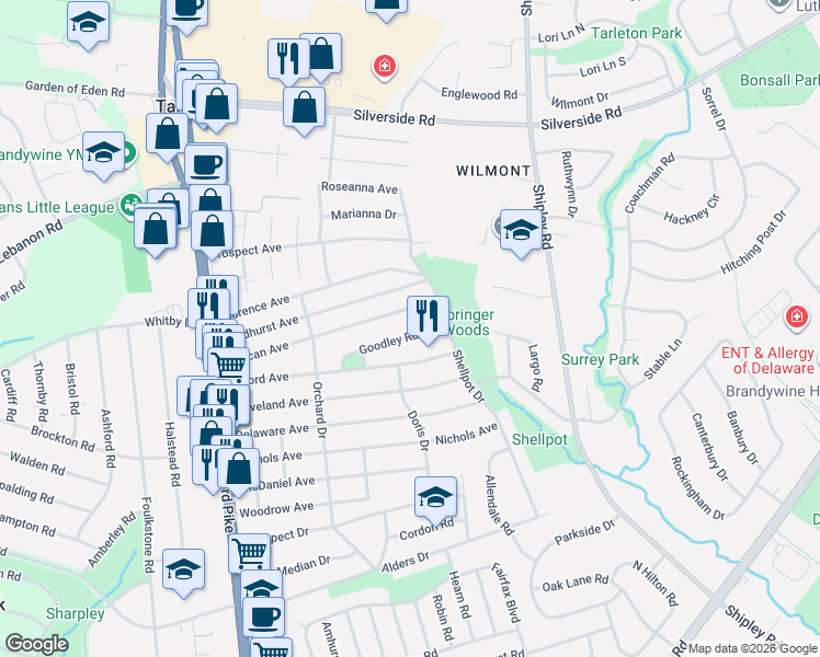 map of restaurants, bars, coffee shops, grocery stores, and more near 415 Goodley Road in Wilmington