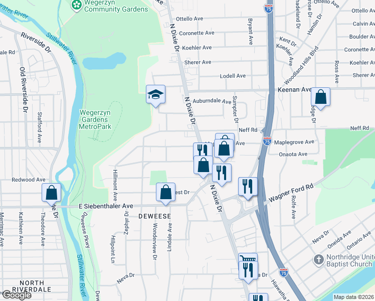 map of restaurants, bars, coffee shops, grocery stores, and more near 1840 Maplegrove Avenue in Dayton