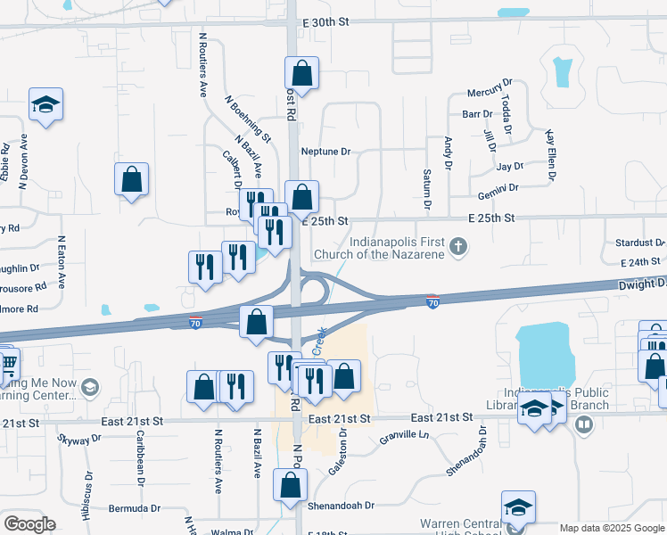 map of restaurants, bars, coffee shops, grocery stores, and more near 2414 Constellation Drive in Indianapolis